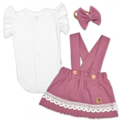 3D súprava LADY, bavlna, body kr. rukáv, suknička s láclom, čelenka, orgovánová/biela