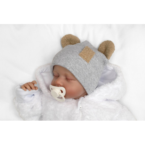 Dvojvrstvová rebrovaná čiapočka s uškami boucle medvedík - šedý melír