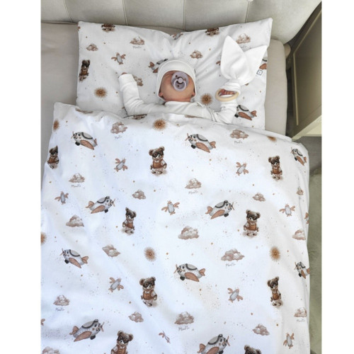 Obliečky do postieľky, bavlna, 2D sada, Méďa pilot - biela, béžová