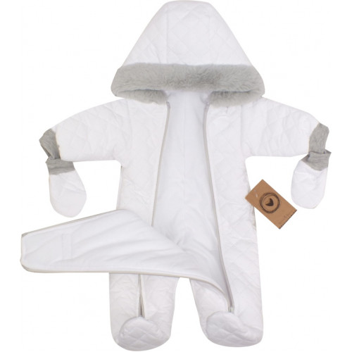 Z&Z Zimná prešívaná kombinéza s kožušinou a kapucňou + rukavičky - biela, vel. 74