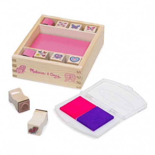 Melissa&Doug Drevené pečiatky v krabici - Motýle a Srdiečka