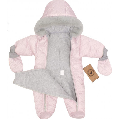 Z&Z Zimná prešívaná kombinéza s kožušinou a kapucňou + rukavičky - sv.ružová, veľ. 68