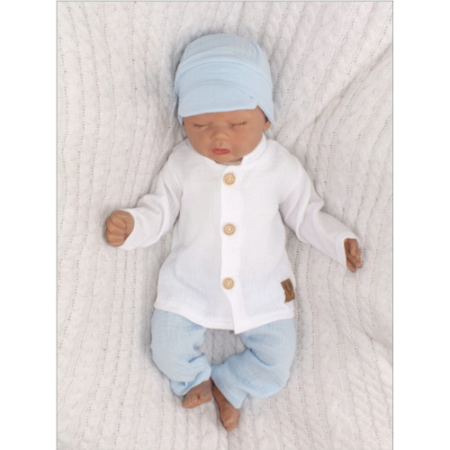 Mušelínová košeľa, nohavice + čiapky, 3D sada, Boy Z&Z, biela/modrá, veľ. 62