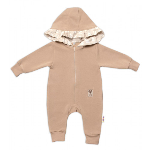 Baby Nellys Teplákový overal s kapucňou a volánikom, New Bunny - cappuccino, veľ. 68