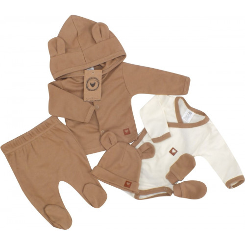 Sada do pôrodnice 5D, body, polodupačky, kabátik, čiapočka, rukavičky - hnedá, veľ. 56