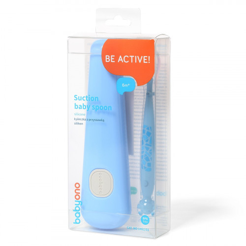 Silikónová lyžička úzka s prísavkou v puzdre - modrá