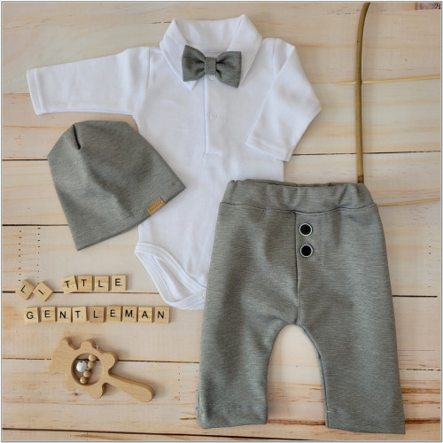 Z&Z 4-dielna sada Elegant Boy, body, nohavice, motýlik a čiapky, sivá/biela, veľ.74