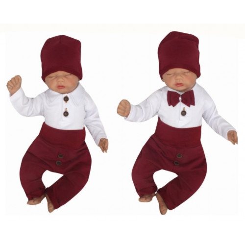 Z&Z 4-dielna súpravička body, tepláčky, čiapočka a motýlik, biela/bordó, veľ. 74