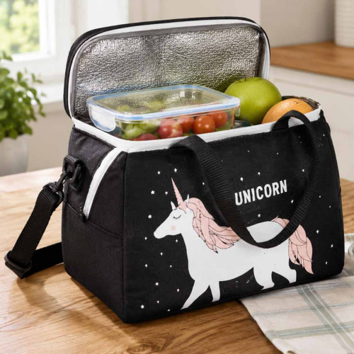 Termotaška na desiatu a obed Unicorn, čierna, 21,5 × 14,5 × 15,5 cm, Tulimi