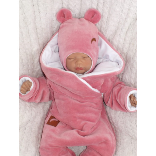 Z&Z Velúrová čiapka na zaväzovanie s uškami, púdrová, veľ. 80/86