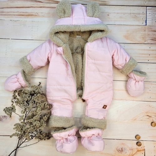 Zimná prešívaná kombinéza s kožúškom a kapucňou + rukavičky + topánočky, Z&Z - růžová