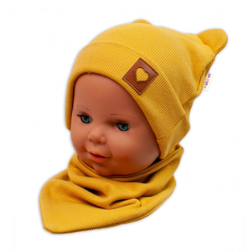 Baby Nellys Rebrovaná dvojvrstvová čiapka s uškami + šatka TEDDY - horčicová, 92/98