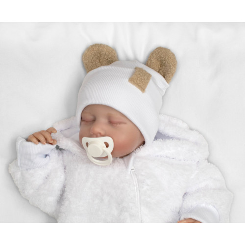 Dvojvrstvová rebrovaná čiapočka s uškami boucle medvedík - biela