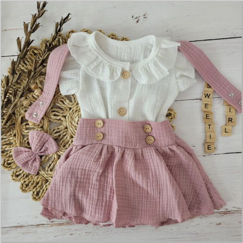 Mušelínová suknička s lacnom, bodýčko a čelenka, 3D sada, biela/staroružová, veľ. 62