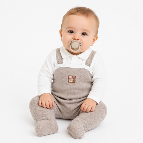 Baby Nellys 2-dielna súpravička Star, body dl. rukáv + pletené dupačky, béžové, veľ. 62