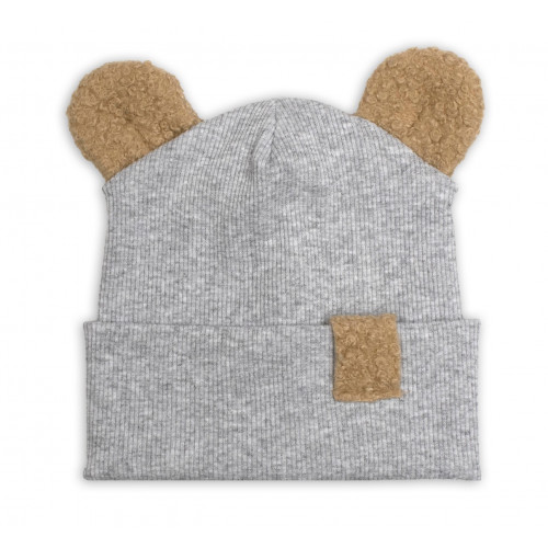Dvojvrstvová rebrovaná čiapočka s uškami boucle medvedík - šedý melír