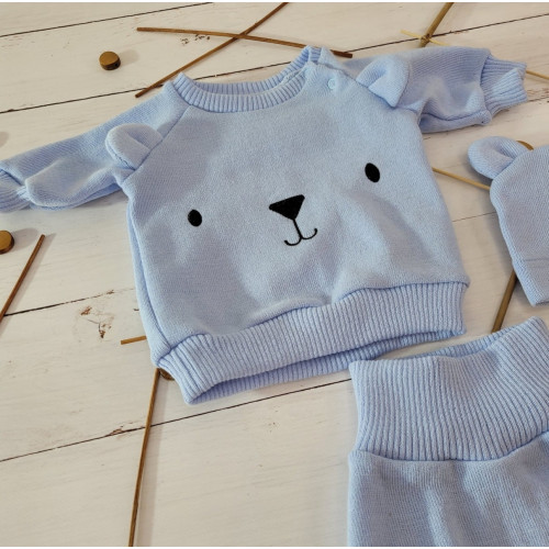 Pletená dojčenská sada 3D Medvedík, svetrík, tepláčiky + čiapočka Kazum, modrá, veľ. 62