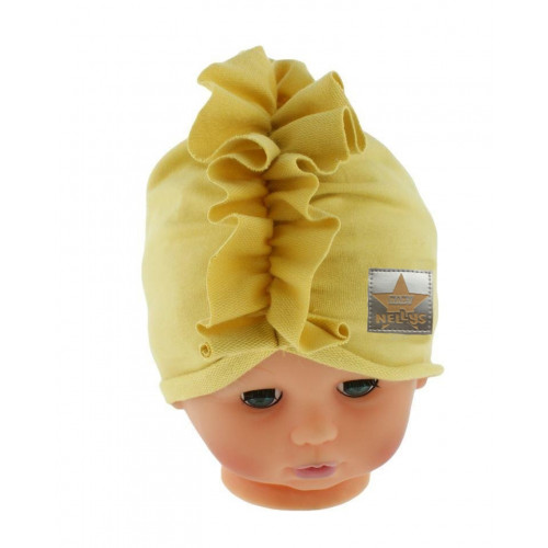 Baby Nellys Jarná/jesenná bavlnená čiapka - turban, horčicová, vel. 80/86
