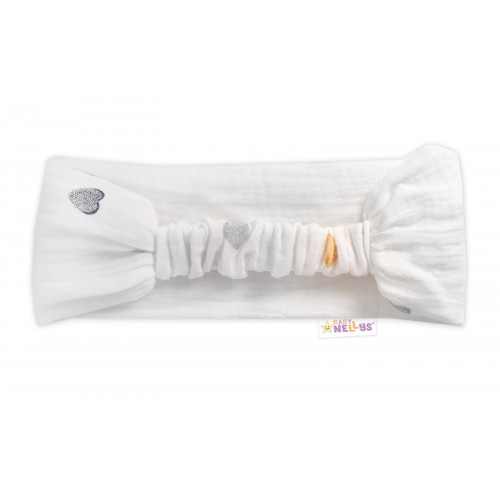 Letná čelenka, bandana, mušelín, Srdiečka, Baby Nellys - smotanová, veľ. 104/110