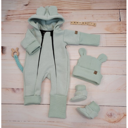 Oteplený detský overal bez šľapiek s kapucňou, čiapočka+topánočky,3D,Kazum, mätový, veľ.62
