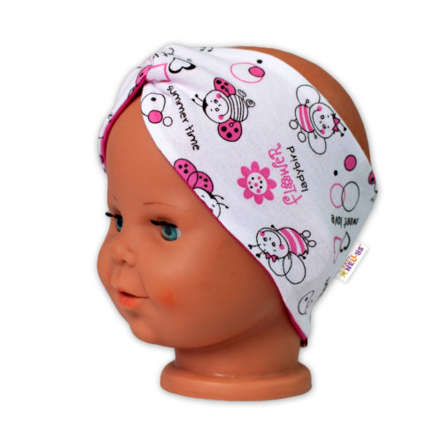 Baby Nellys Bavlněná dětská čelenka Berušky - bílá/růžová, 12-24 m