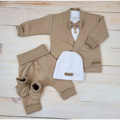 Bavlnená sada, body, nohavice, motýlik a čiapka Elegant Boy 5D, Kazum, mocca/biela, veľ.80