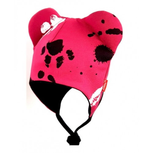 BEXA dvojvrstvová čiapka na zaväzovanie s uškami + šatka - Labky, bordo