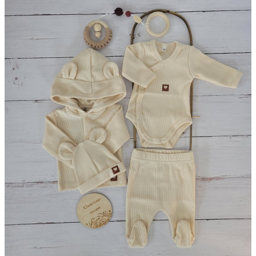 Sada do pôrodnice 4D, rebrovaná, body, polodupačky, kabátik a čiapočka, ecru, veľ. 62