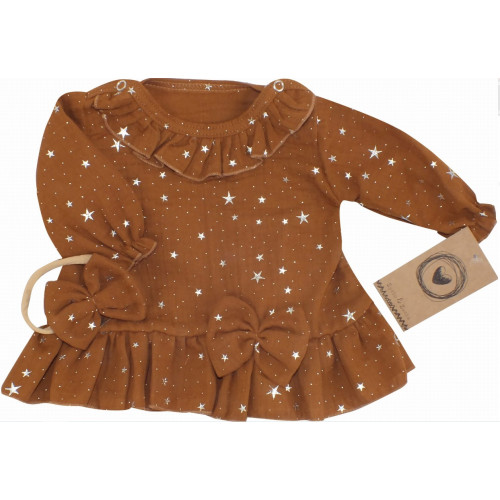 Mušelínové šatôčky s hviezdičkami + čelenka Z&Z, škoricová