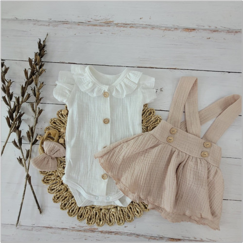 Mušelínová suknička s lacnom, bodýčko a čelenka, 3D sada, biela/béžová, veľ. 86