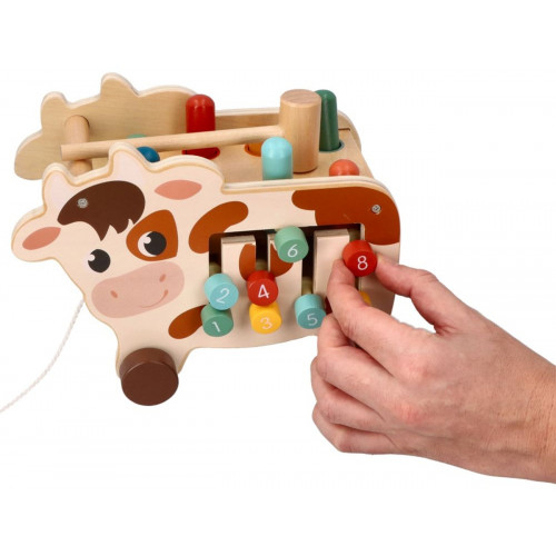 Montessori hračka - aktívna edukačná drevená, ťahacia Kravička, prírodná