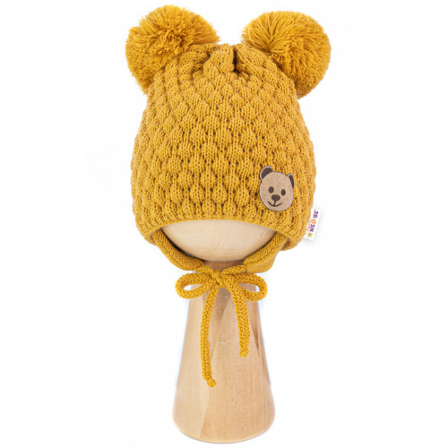 BABY NELLYS Zimná pletená čiapka Teddy Bear na zaväzovanie, horčicová, 68/80, (6-12m)