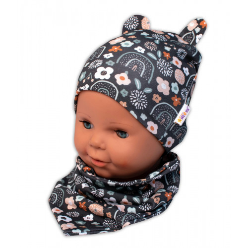 Baby Nellys Dvojvrstvová čiapka s uškami + šatka Palouček, grafit