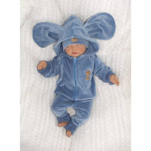 Z&Z Velúrová, semišková tepláková súprava s uškami MYŠKA - jeans, veľ. 86