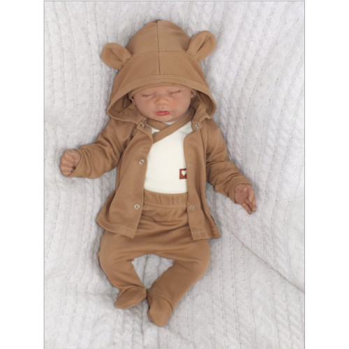 Sada do pôrodnice 5D, body, polodupačky, kabátik, čiapočka, rukavičky - hnedá, veľ. 56