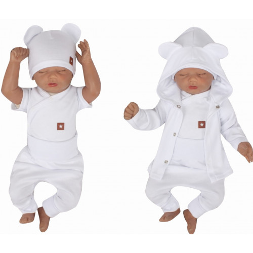 Novorodenecká sada 4D, body kr. rukáv, tepláčiky, kabátik a čiapočka Z&Z, biela