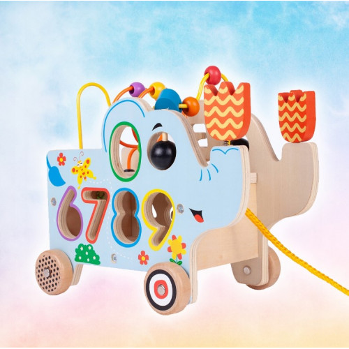 Tulimi Edukačný drevený slon s kolieskami, labyrintom a číslami