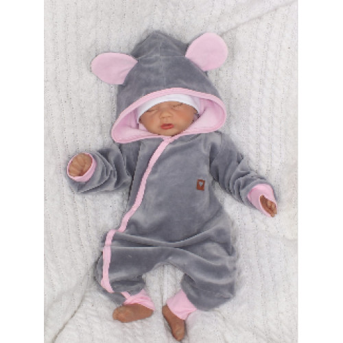 Z&Z Velúrový dojčenský overal s kapucňou a uškami - šedo,růžový, veľ. 62