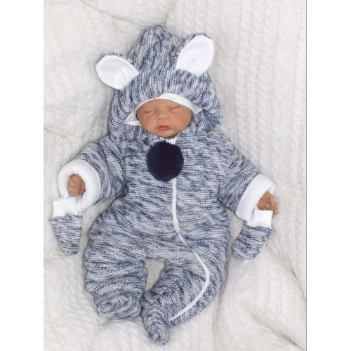 Oteplená pletená kombinéza s kapucňou a uškami + rukavičky - granát. vel. 68