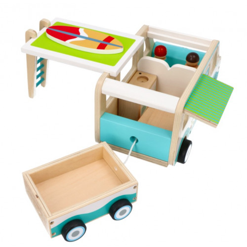 Adam Toys Drevený auto karavan s prívesom a príslušenstvom