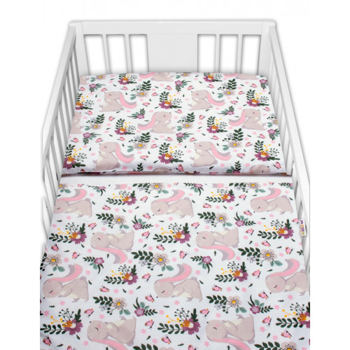 3-dielna sada - mantinel s obliečkami Zajačik na lúke - ružová, biela. 135x100