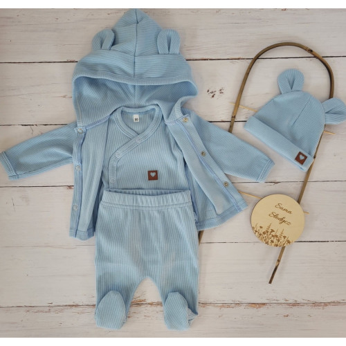 Sada do pôrodnice 4D, rebrovaná, body, polodupačky, kabátik a čiapočka, modrá, veľ.62