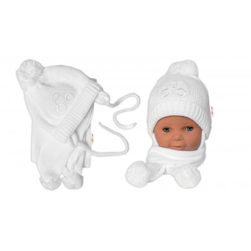 Zimná čiapočka s šálom - Autíčko, biela, 0-6m, Baby Nellys