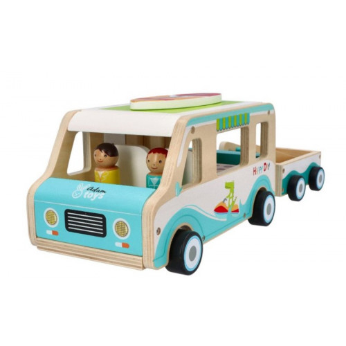 Adam Toys Drevený auto karavan s prívesom a príslušenstvom