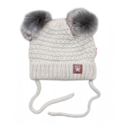 Zimná pletená čiapka Star s fleecom a chlpáčkové brmbolce + komínček 2D sada, béžový melír