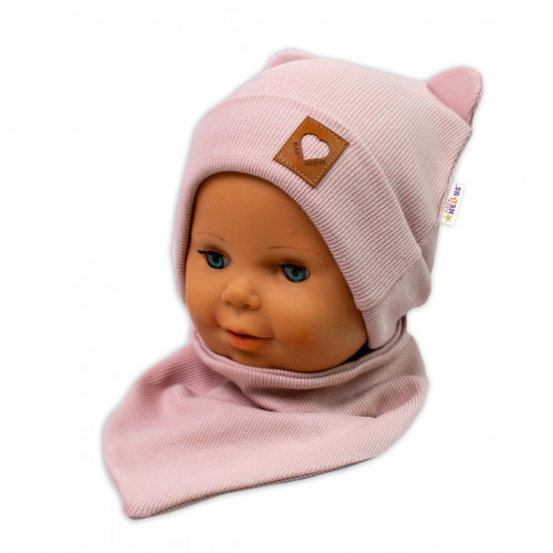 Baby Nellys Rebrovaná dvojvrstvová čiapka s uškami + šatka TEDDY - púdrová, 80/86