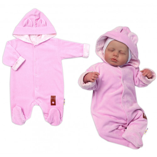 Baby Nellys Dvojvrstvový velúrový overal s kapucňou New Bunny, ružový, veľ. 74