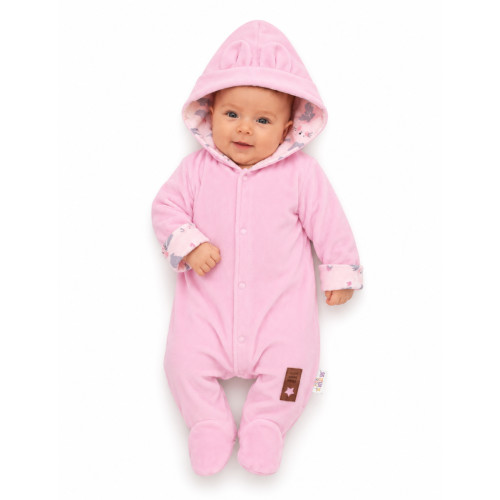 Baby Nellys Dvojvrstvový velúrový overal s kapucňou Bunny, ružový, veľ. 86