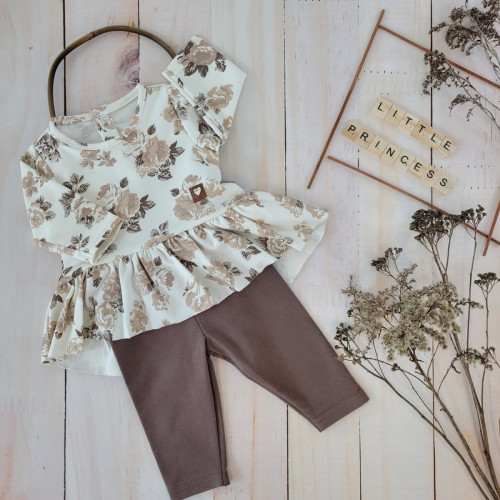 Bavlnená sada, 2D, tunika + legíny s kvetmi - čokoládová/ecru