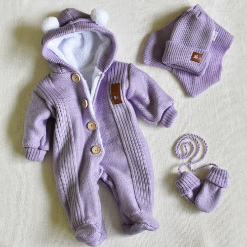 Baby Nellys Pletená kombinéza/overal LUX STAR s kožúškom - dvojvrstvová, fialová